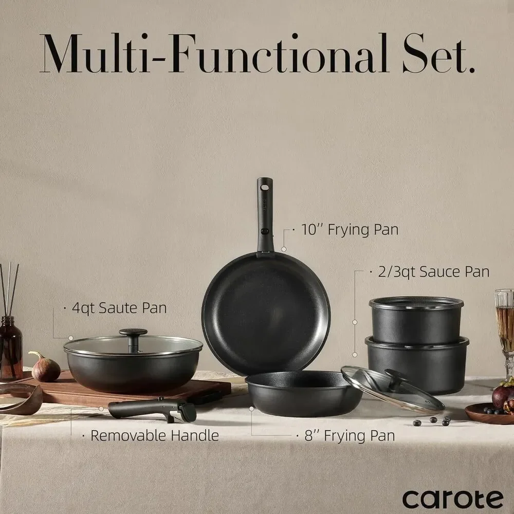 CAROTE 11pcs Nonstick Cookware Set With Detachable Handle, Oven Safe Black